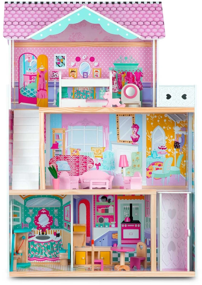 Ricokids Didelis medinis lėlių namelis, trijų aukštų, su liftu ir LED lempute