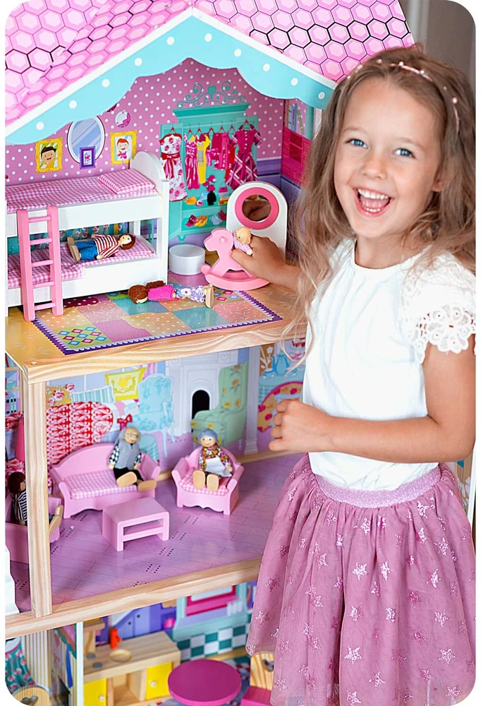 Ricokids Didelis medinis lėlių namelis, trijų aukštų, su liftu ir LED lempute