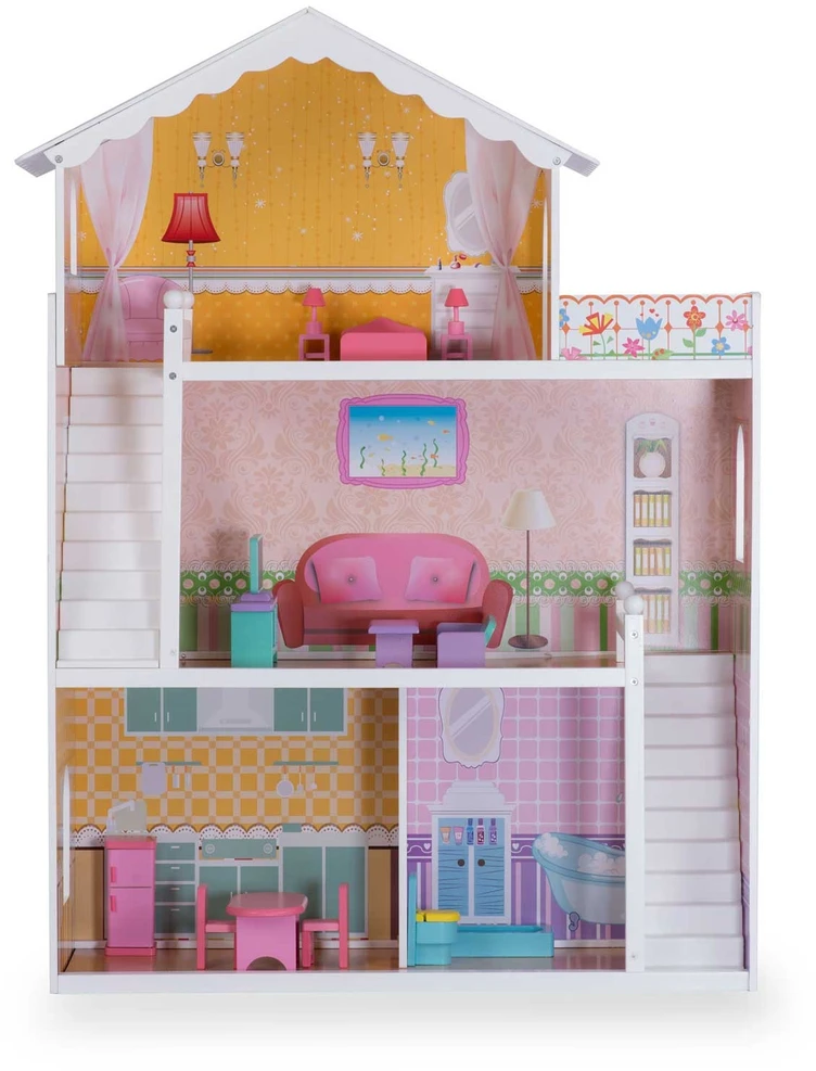 Ricokids Didelis trijų aukštų medinis lėlių namelis + baldai + terasa