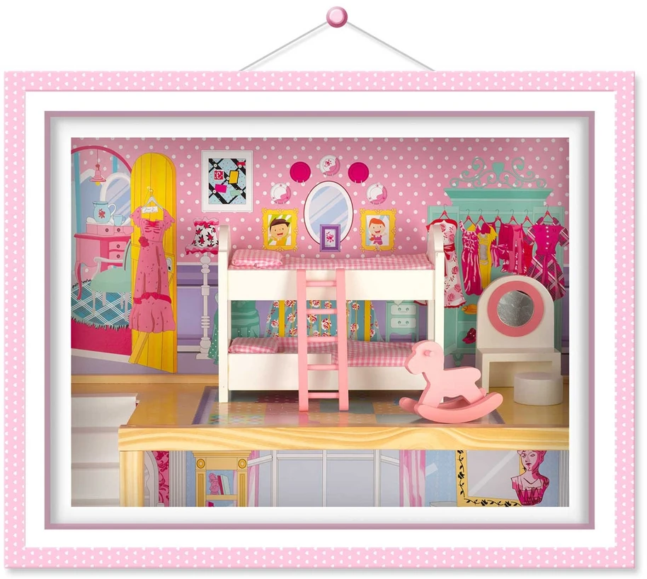 Ricokids Didelis medinis lėlių namelis, trijų aukštų, su liftu ir LED lempute