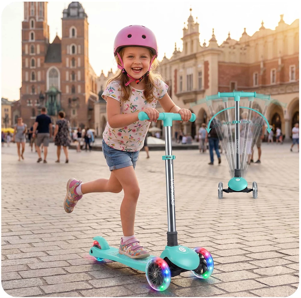 Ricokids Glow triratis vaikų balansinis paspirtukas šviečiantis tamsoje turkio spalvos