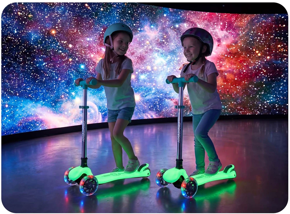 Ricokids Glow triratis vaikų balansinis paspirtukas šviečiantis tamsoje turkio spalvos