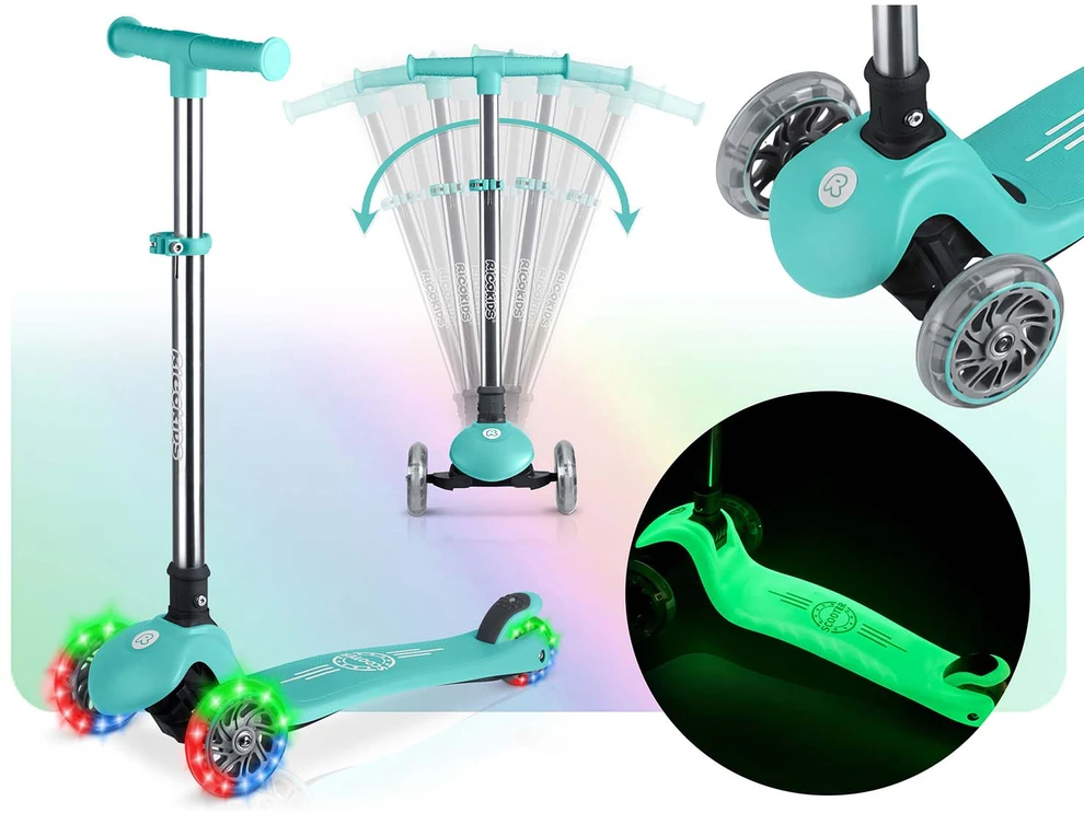 Ricokids Glow triratis vaikų balansinis paspirtukas šviečiantis tamsoje turkio spalvos