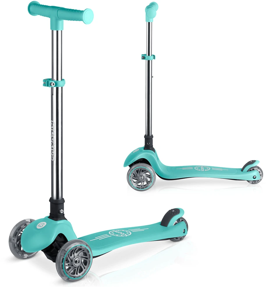 Ricokids Glow triratis vaikų balansinis paspirtukas šviečiantis tamsoje turkio spalvos