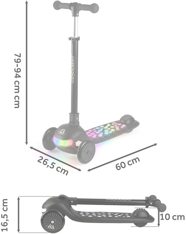 Ricokids Glowi juodas vaikiškas triračio balansinis paspirtukas su LED