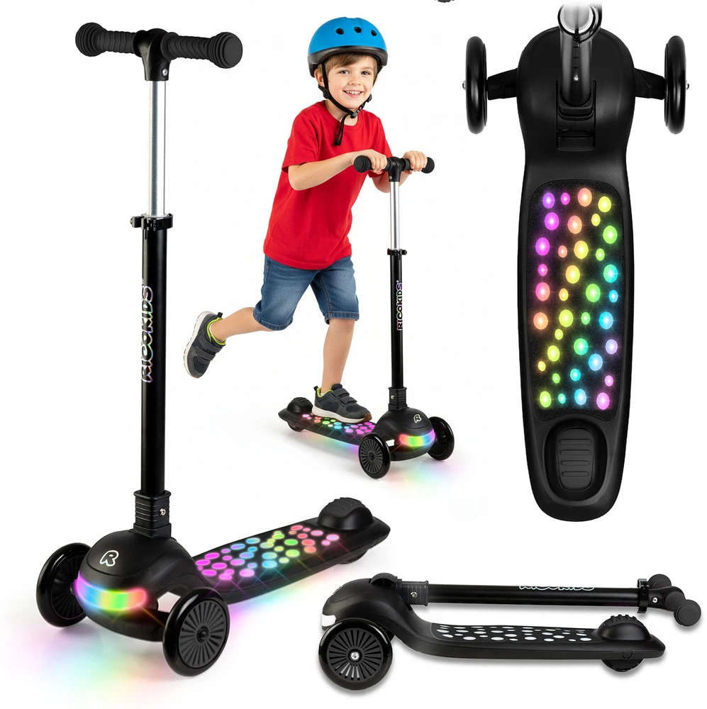 Ricokids Glowi juodas vaikiškas triračio balansinis paspirtukas su LED