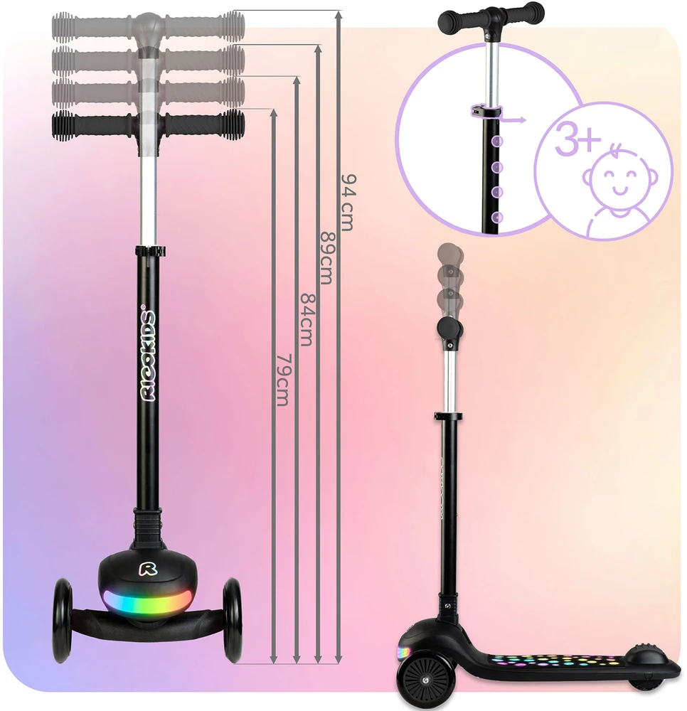 Ricokids Glowi juodas vaikiškas triračio balansinis paspirtukas su LED