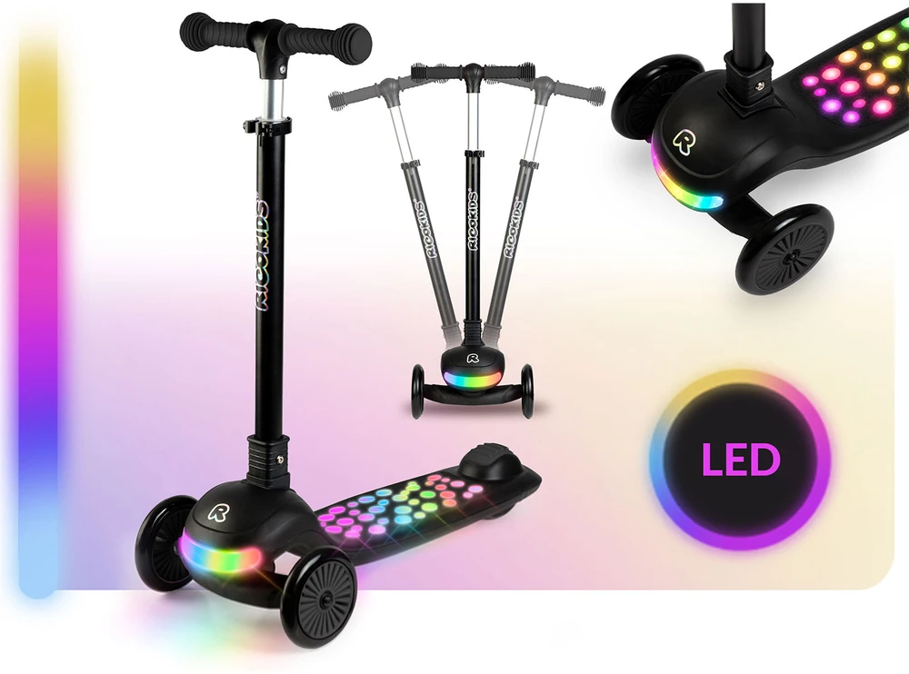 Ricokids Glowi juodas vaikiškas triračio balansinis paspirtukas su LED