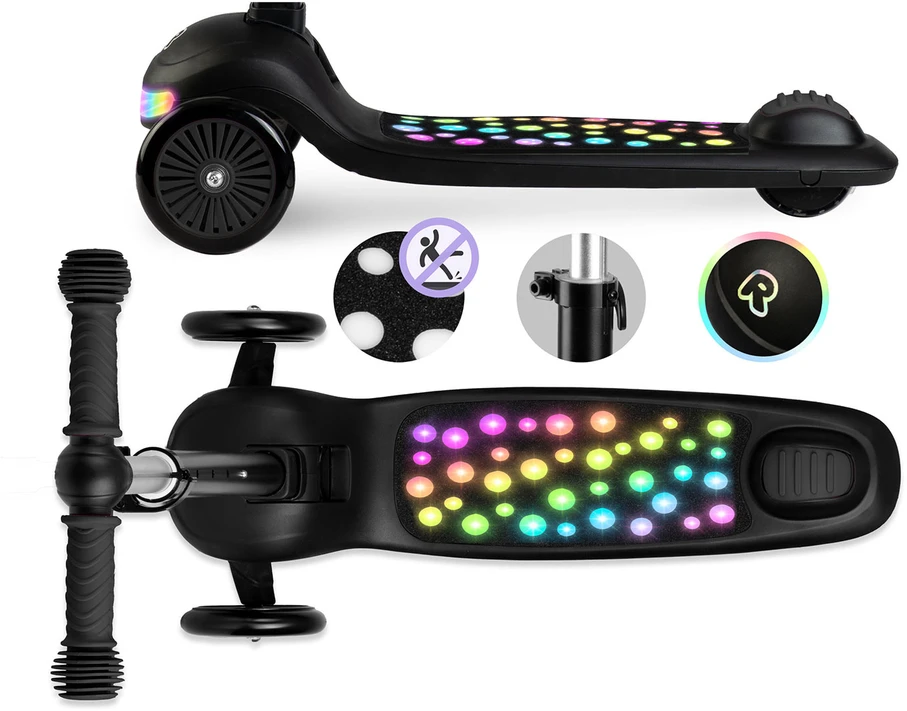 Ricokids Glowi juodas vaikiškas triračio balansinis paspirtukas su LED