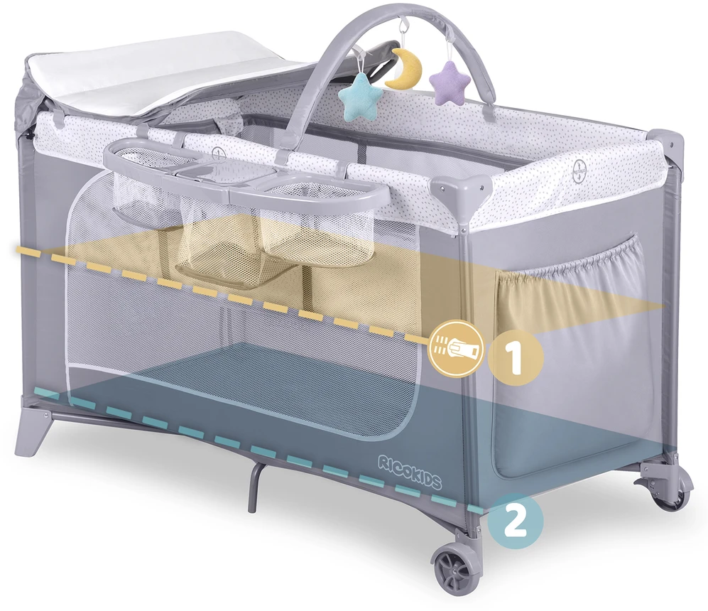 Ricokids Kelioninė lovelė su čiužiniu ir krepšiu 123,5 x 65 x 76 cm RK-241 pilkos spalvos
