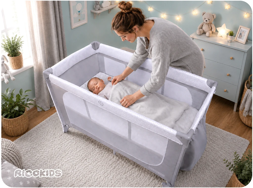 Ricokids Kelioninė lovelė su čiužiniu ir krepšiu 123,5 x 65 x 76 cm RK-241 pilkos spalvos