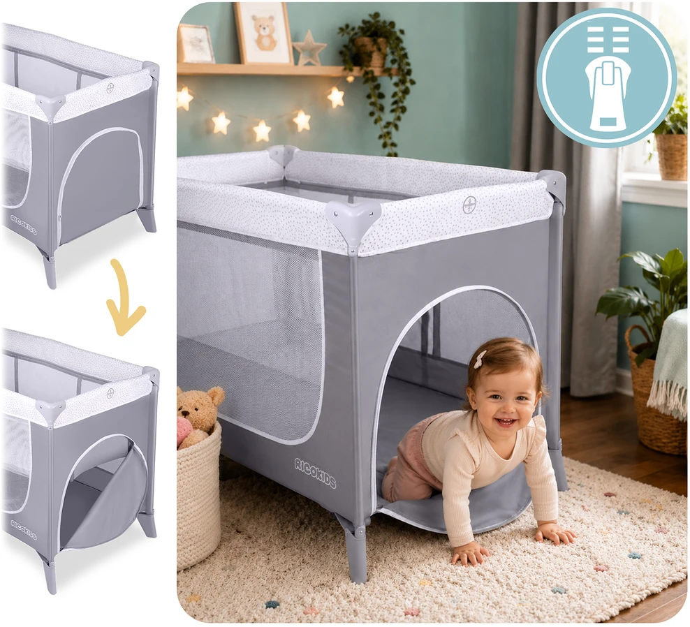 Ricokids Kelioninė lovelė su čiužiniu ir krepšiu 123,5 x 65 x 76 cm RK-241 pilkos spalvos