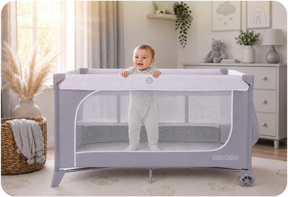 Ricokids Kelioninė lovelė su čiužiniu ir krepšiu 123,5 x 65 x 76 cm RK-241 pilkos spalvos