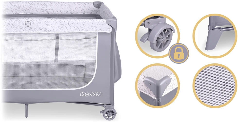 Ricokids Kelioninė lovelė su čiužiniu ir krepšiu 123,5 x 65 x 76 cm RK-241 pilkos spalvos