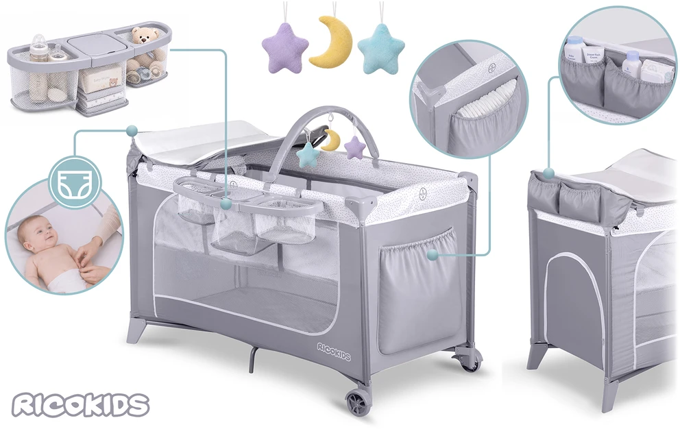 Ricokids Kelioninė lovelė su čiužiniu ir krepšiu 123,5 x 65 x 76 cm RK-241 pilkos spalvos