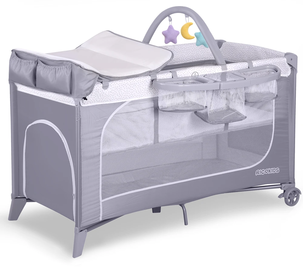 Ricokids Kelioninė lovelė su čiužiniu ir krepšiu 123,5 x 65 x 76 cm RK-241 pilkos spalvos