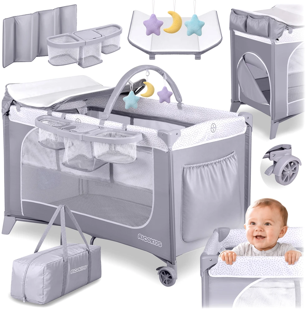 Ricokids Kelioninė lovelė su čiužiniu ir krepšiu 123,5 x 65 x 76 cm RK-241 pilkos spalvos