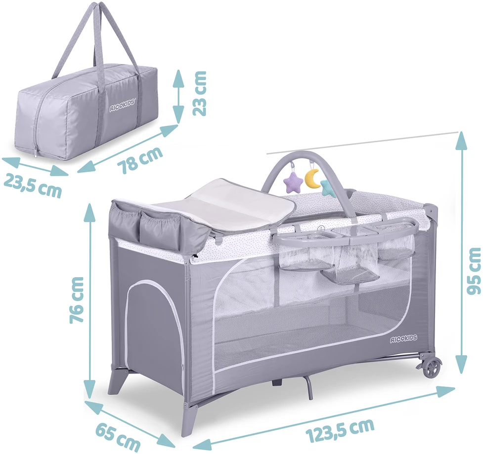 Ricokids Kelioninė lovelė su čiužiniu ir krepšiu 123,5 x 65 x 76 cm RK-241 pilkos spalvos