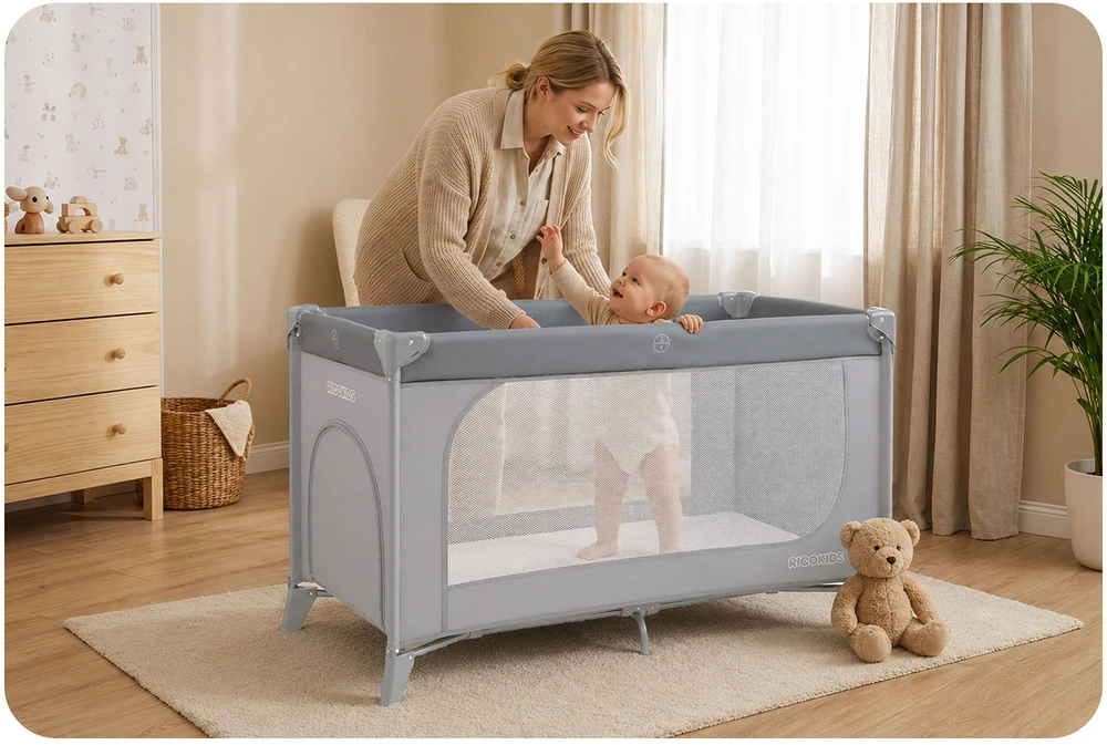 Kelioninė lovytė - maniežas, Ricokids, 125 x 65 x 78 cm, pilkas