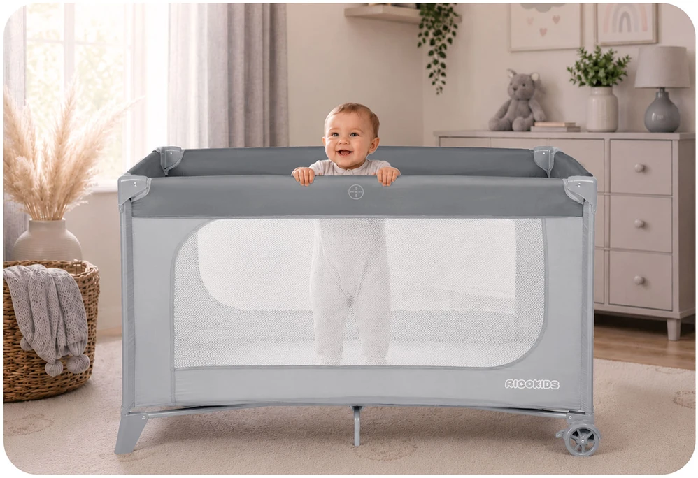 Kelioninė lovytė - maniežas, Ricokids, 125 x 65 x 78 cm, pilkas