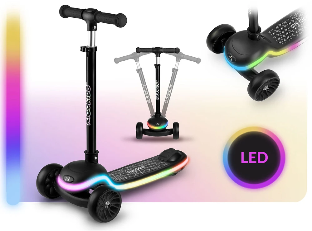 Ricokids Leddi vaikiškas juodas triračio balansinis paspirtukas su LED apšvietimu
