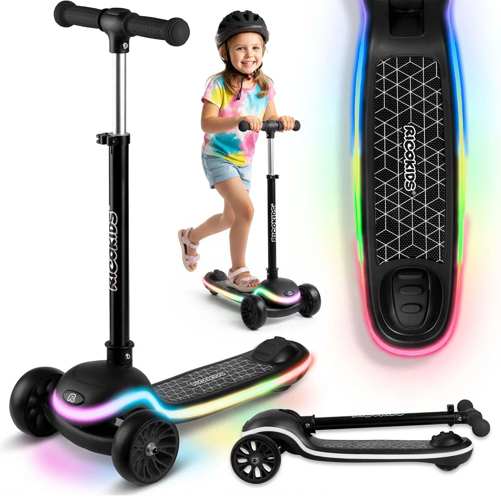 Ricokids Leddi vaikiškas juodas triračio balansinis paspirtukas su LED apšvietimu
