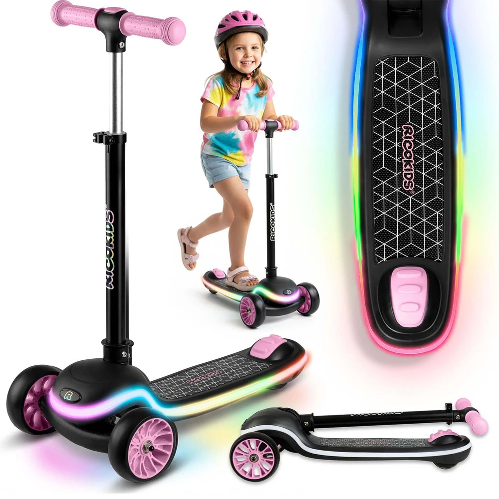 Ricokids Leddi vaikiškas triračio balansinis paspirtukas juodas-rožinis su LED apšvietimu