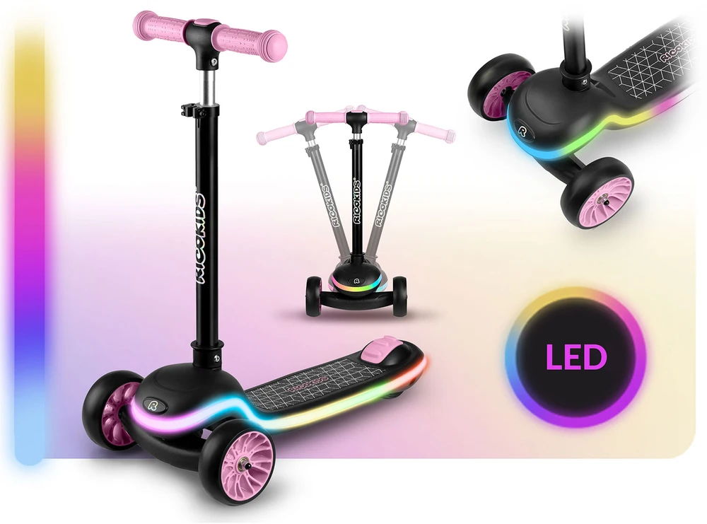 Ricokids Leddi vaikiškas triračio balansinis paspirtukas juodas-rožinis su LED apšvietimu
