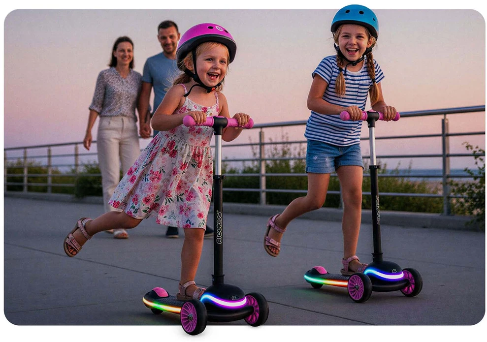 Ricokids Leddi vaikiškas triračio balansinis paspirtukas juodas-rožinis su LED apšvietimu