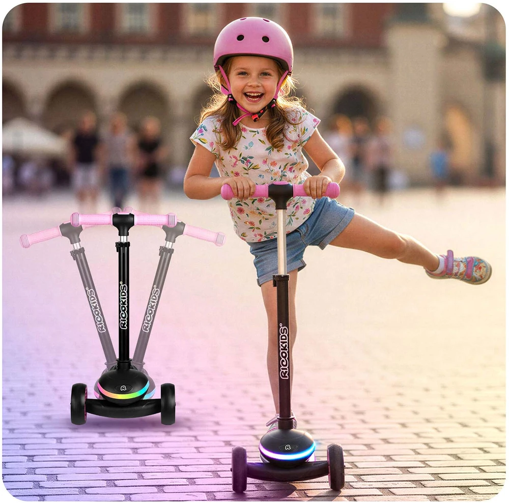 Ricokids Leddi vaikiškas triračio balansinis paspirtukas juodas-rožinis su LED apšvietimu