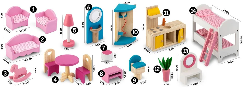 Ricokids Lėlių namelis su priedais 60x30x90 cm