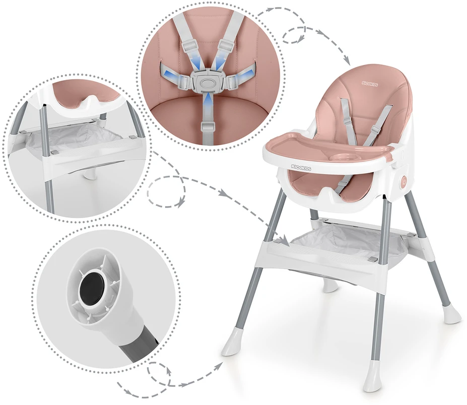 Ricokids Mani maitinimo kėdutė reguliuojama 3in 1, rožinė