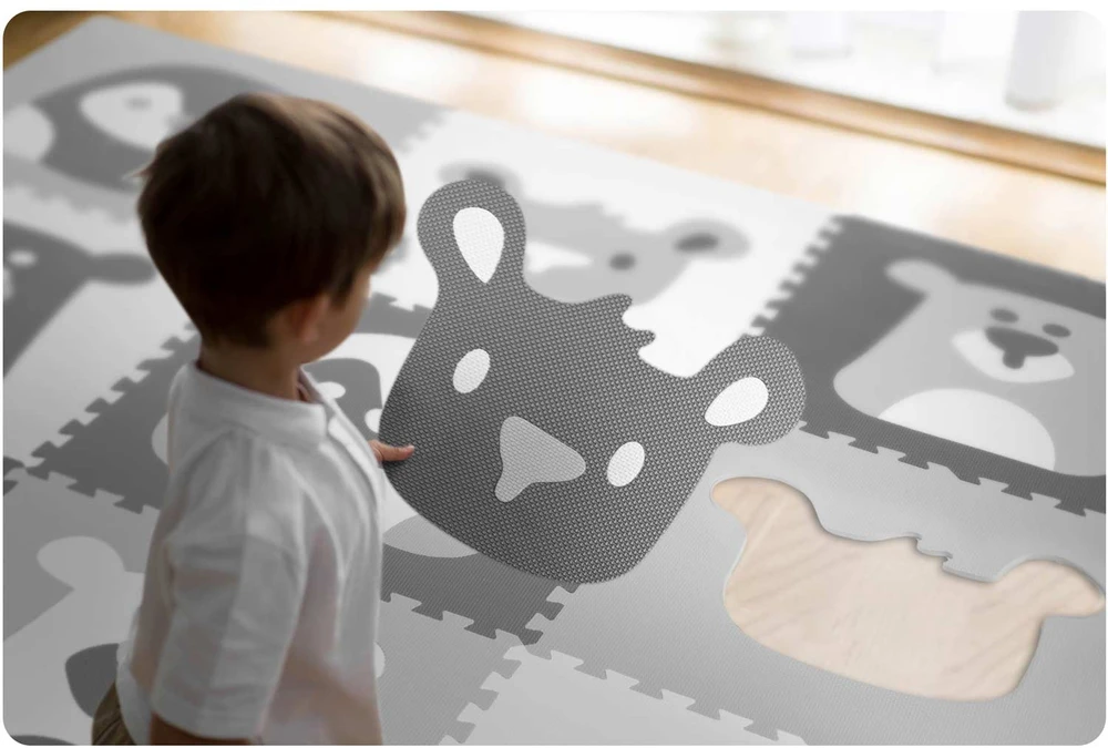 Ricokids Porolono kilimėlis dėlionės 180x180 cm 9 vnt Pilki gyvūnai