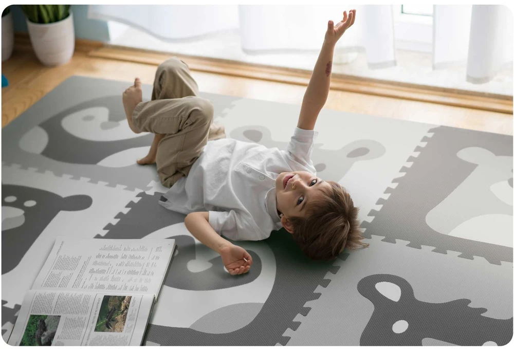 Ricokids Porolono kilimėlis dėlionės 180x180 cm 9 vnt Pilki gyvūnai