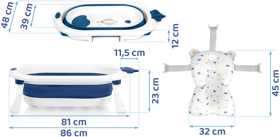 Sulankstoma vonelė vaikams, kūdikiams su įdėklu Ricokids RK-286 balta ir mėlyna