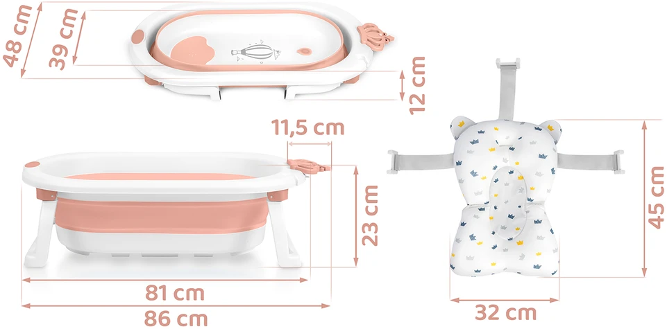 Sulankstoma vonelė vaikams, kūdikiams su įdėklu Ricokids RK-286 balta ir rožinė