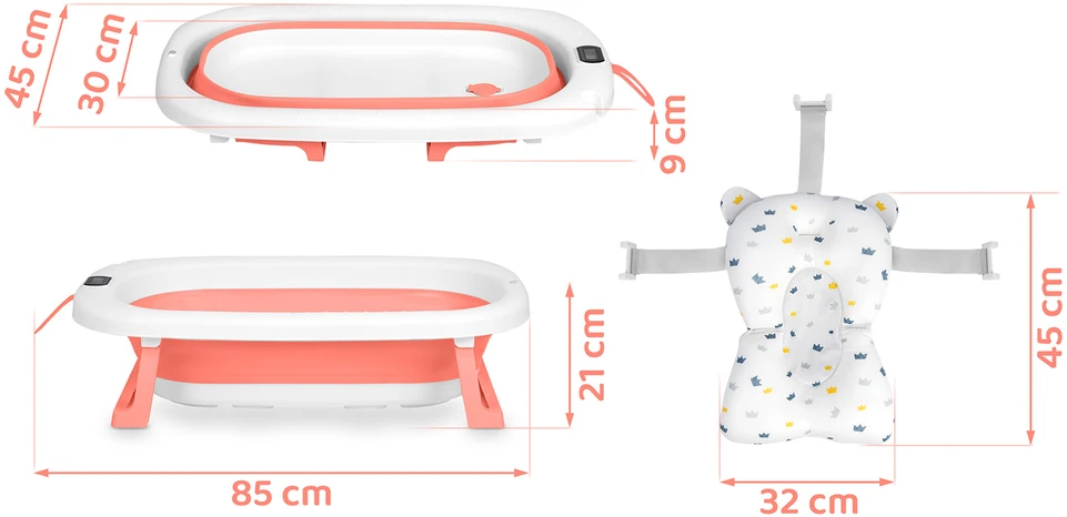Sulankstoma vonelė vaikams, kūdikiams su termometru ir įdėklu Ricokids RK-287 balta ir rožinė