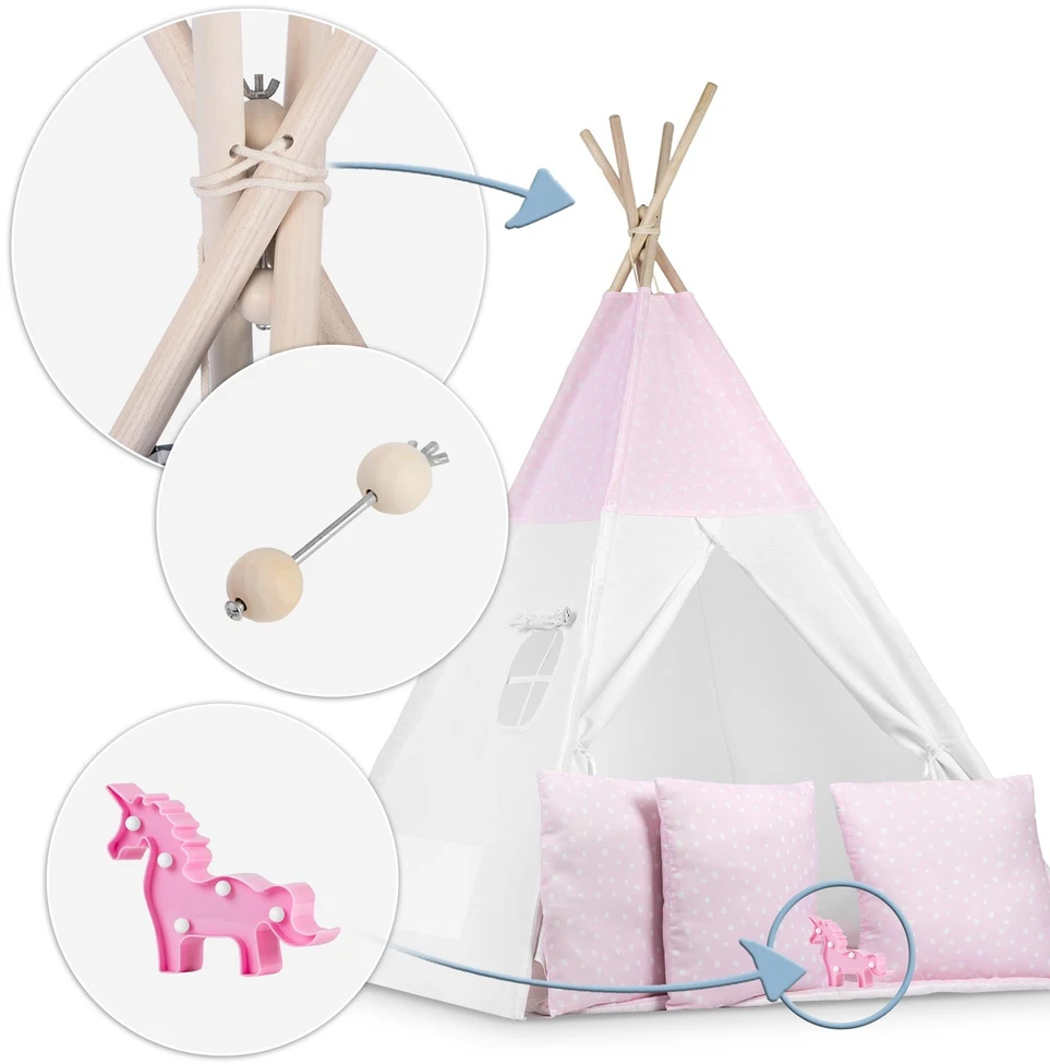 Ricokids Vaikiška tipi palapinė su lemputėmis - rožinė su taškeliais