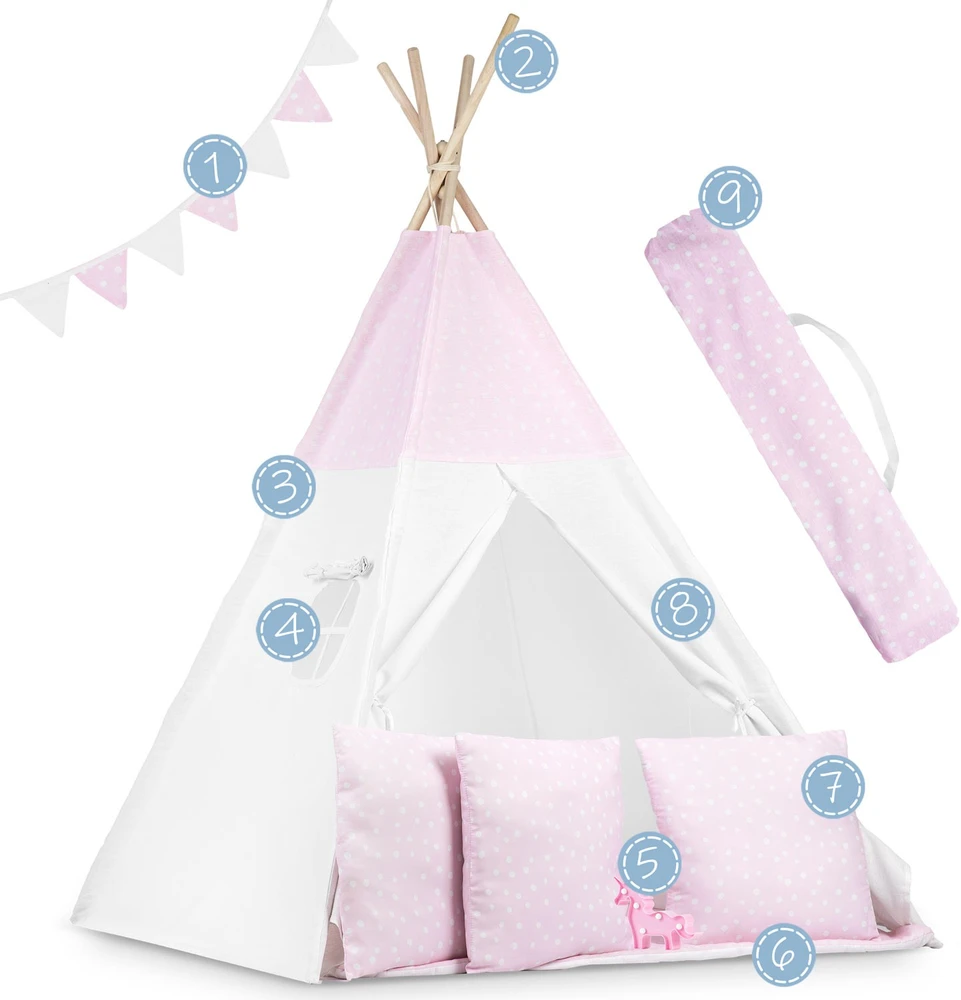 Ricokids Vaikiška tipi palapinė su lemputėmis - rožinė su taškeliais