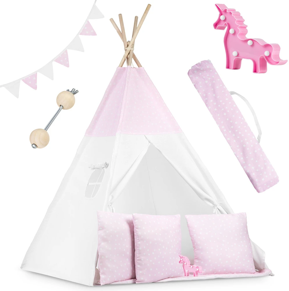 Ricokids Vaikiška tipi palapinė su lemputėmis - rožinė su taškeliais