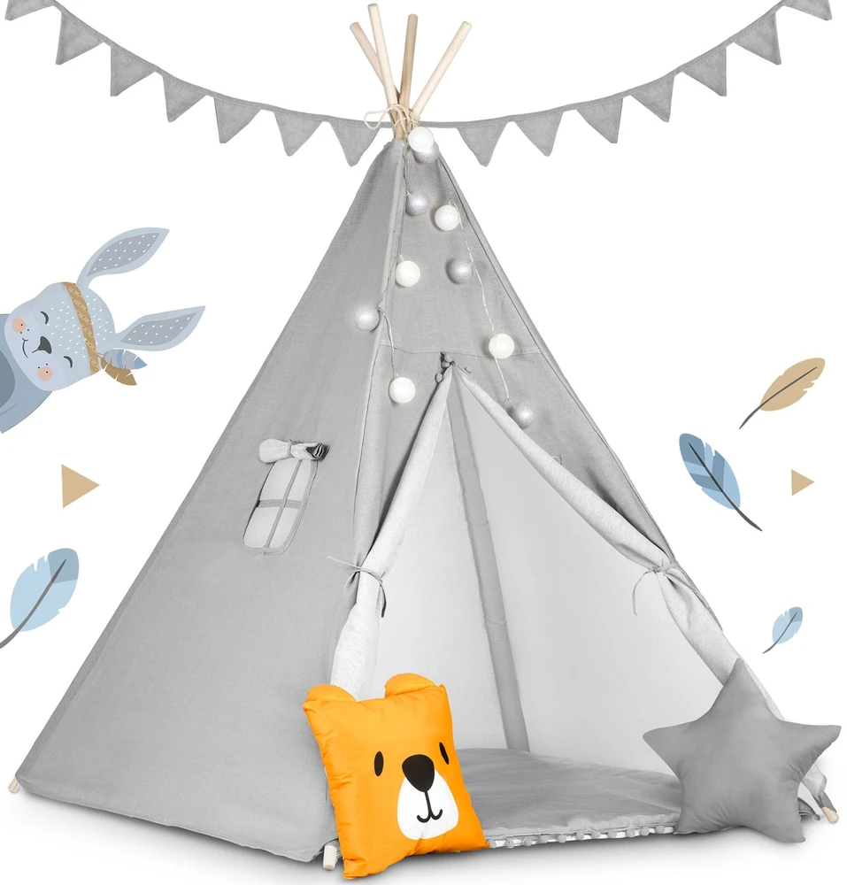 Ricokids Vaikiška tipi palapinė su girlianda ir lemputėmis - pilka