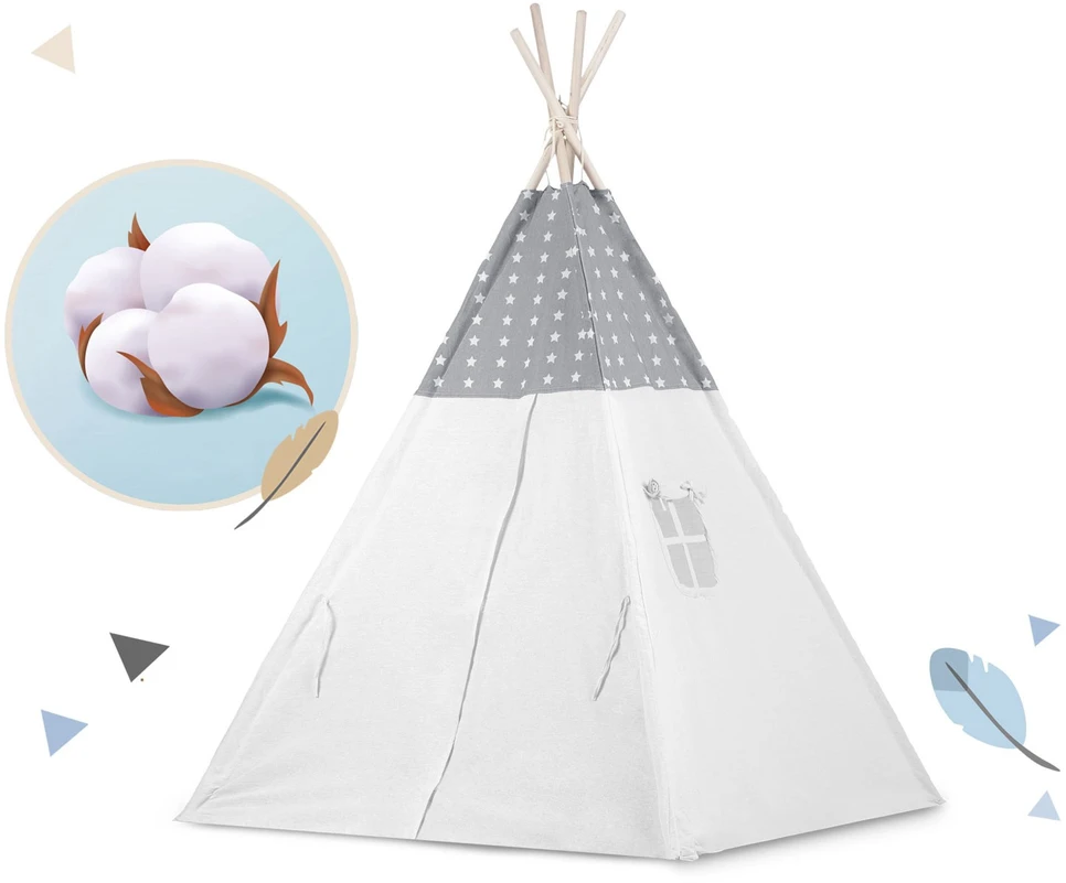 Ricokids Vaikiška tipi palapinė su girlianda ir lemputėmis - šviesiai pilka su žvaigždutėmis