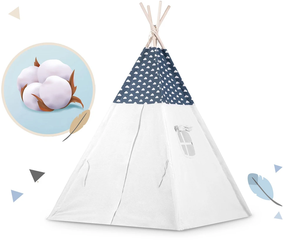 Ricokids Vaikiška tipi palapinė su girlianda ir lemputėmis - tamsiai mėlyna su debesėliais