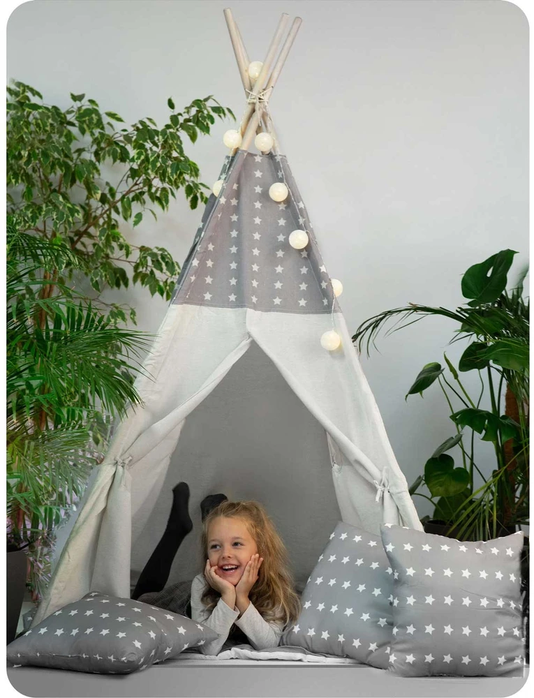 Ricokids Vaikiška tipi palapinė su girlianda ir lemputėmis - šviesiai pilka su žvaigždutėmis