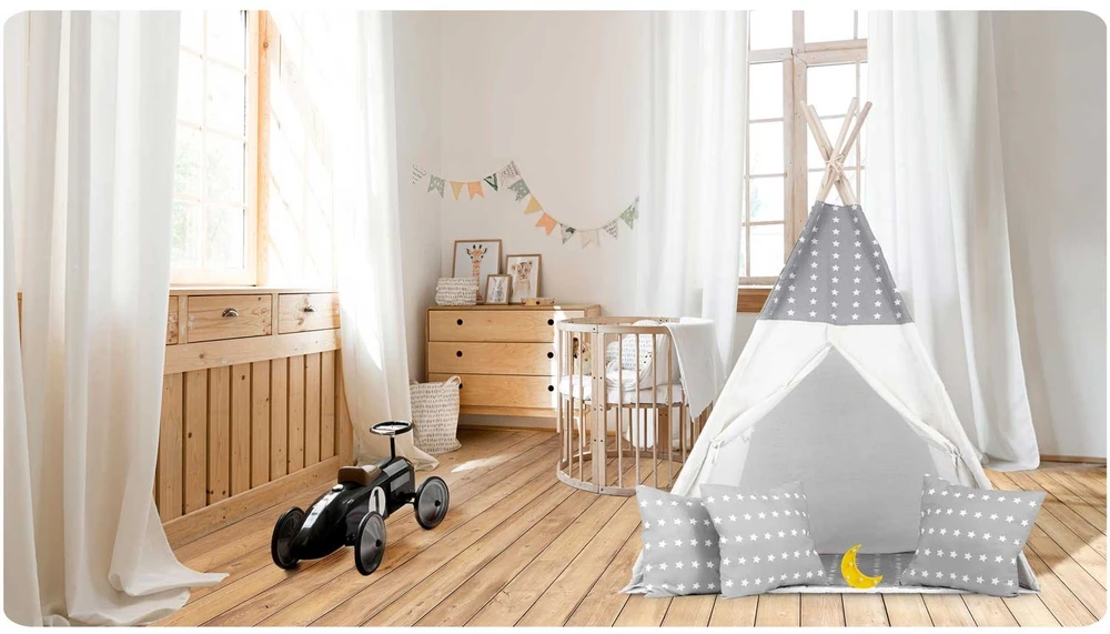 Ricokids Vaikiška tipi palapinė su girlianda ir lemputėmis - šviesiai pilka su žvaigždutėmis