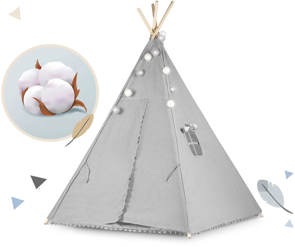 Ricokids Vaikiška tipi palapinė su girlianda ir lemputėmis - pilka