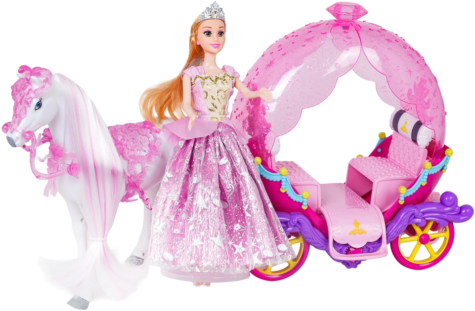 Rožių vežimas su baltu arkliu ir princesės lėle