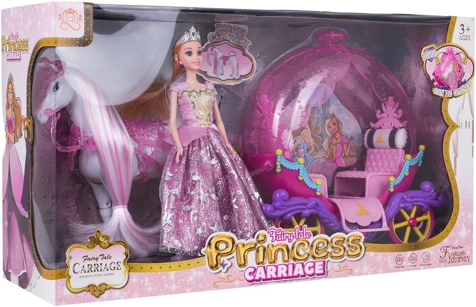 Rožių vežimas su baltu arkliu ir princesės lėle