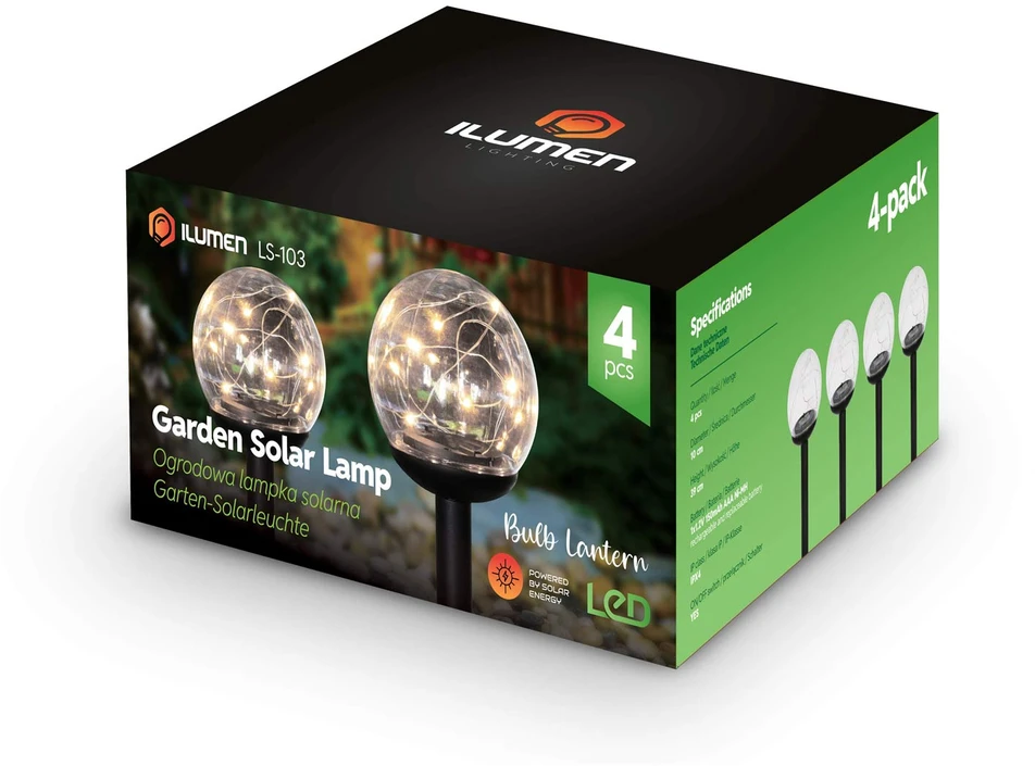 Saulės energija varomos lempos, skaidrūs rutuliai, 4 vnt. „Ilumen LS-103“