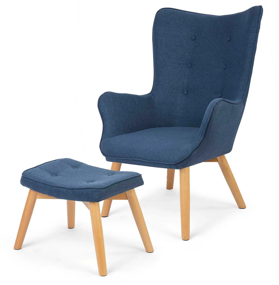 Sofotel Mėlynas fotelis su kojų atrama, patogūs audinio apmušalai, buko medienos kojos, modernūs svetainės baldai, atpalaiduojantis namų dekoras